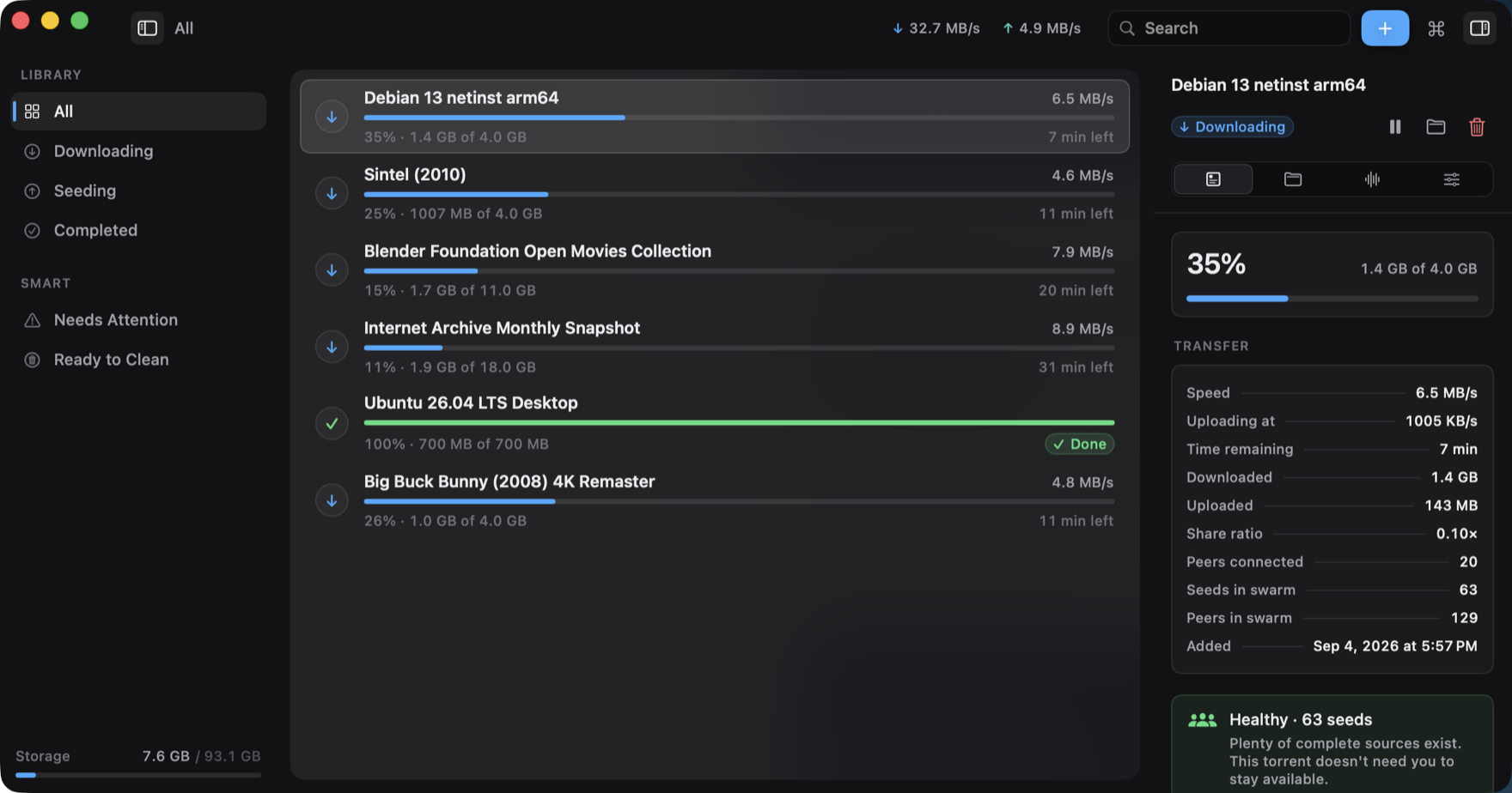 Current's window: a sidebar with Library and Smart sections, six transfers in a list with blue progress bars, one finished download shown in green, and a details panel on the right listing speed, ratio, peers and a green note reading Healthy, 63 seeds.
